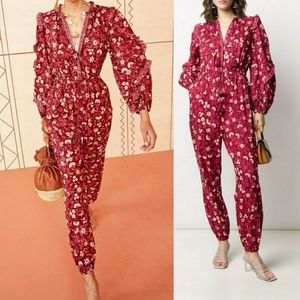 Ulla Johnson Delphine Floral Long-Sleeve Jumpsuit cotton red burgundy size 4